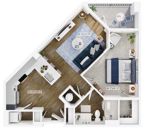 Floor plan for 1 bed, 1 bath, 733 sqft